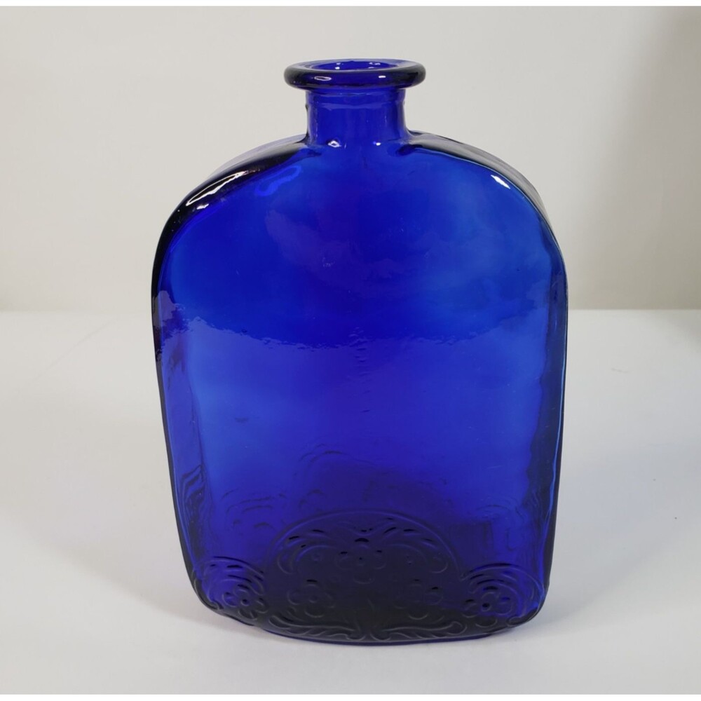 Vintage Pier 1 Imports Cobalt Blue Glass Bottle Embossed 8" Spain Square